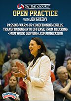 Cover: jen greeny: passing warm-up conditioning drills, transitioning into offense from blocking + footwork, serving & communicatio
